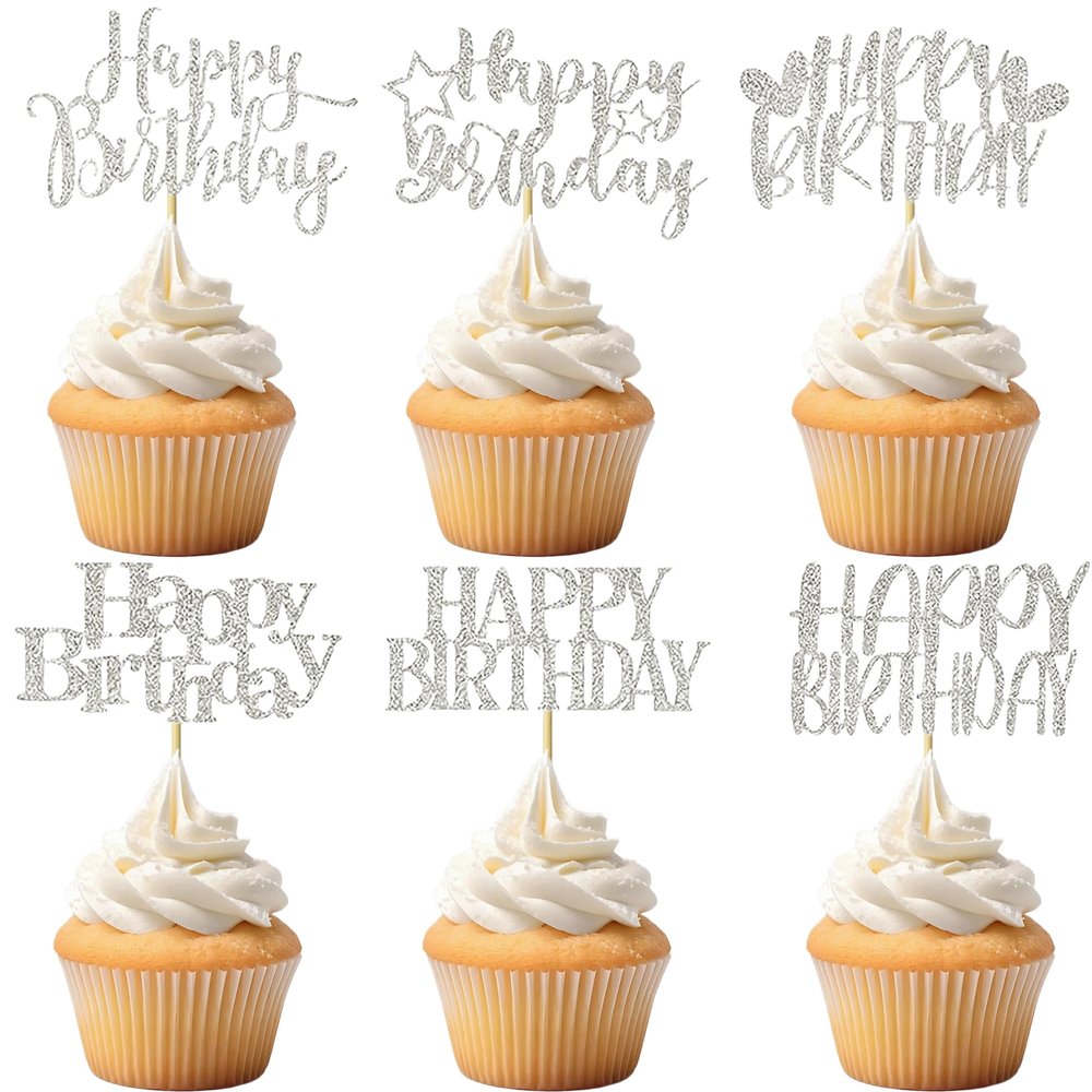 12 PCS Happy Birthday Cupcake Toppers Silver Glitter Cupcake Picks 6 Styles for Kids Adult Birthday Party Celebration Decorations Supplies