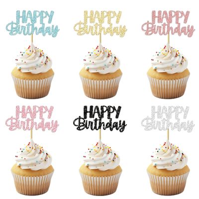 12 PCS Happy Birthday Cupcake Toppers Glitter Cupcake Picks 6 Colors for Kids Adult Birthday Party Celebration Decorations Supplies