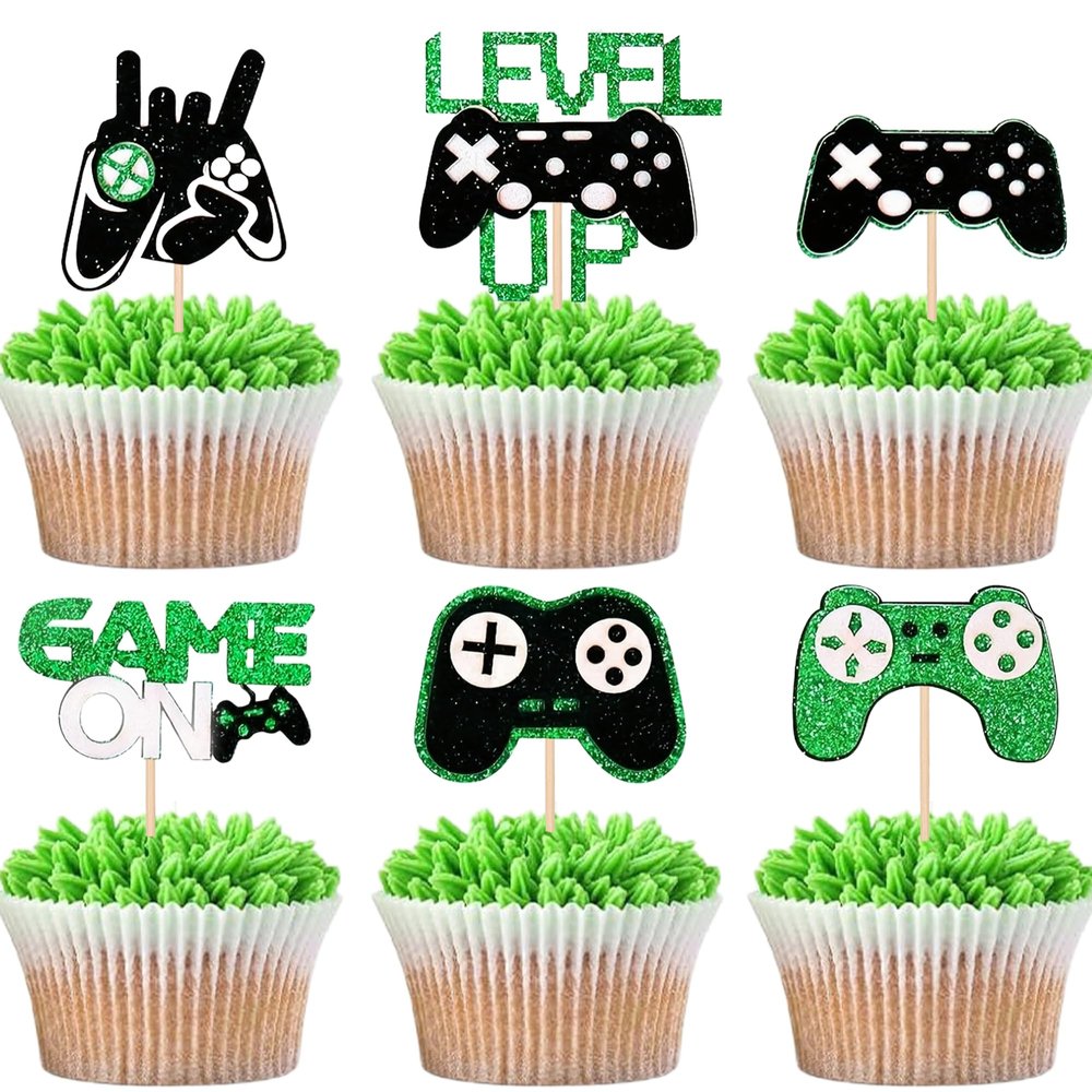 12 PCS Video Game Controllers Cupcake Toppers Glitter Black Green Cake Picks for Baby Shower Game Theme Birthday Party Cupcake Decorations Supplies
