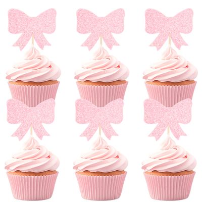 12 PCS Pink Bow Happy Birthday Cupcake Topper Pink Glitter Bow Cupcake Picks for Baby Shower Girls Women's Birthday Party Decoration Supplies