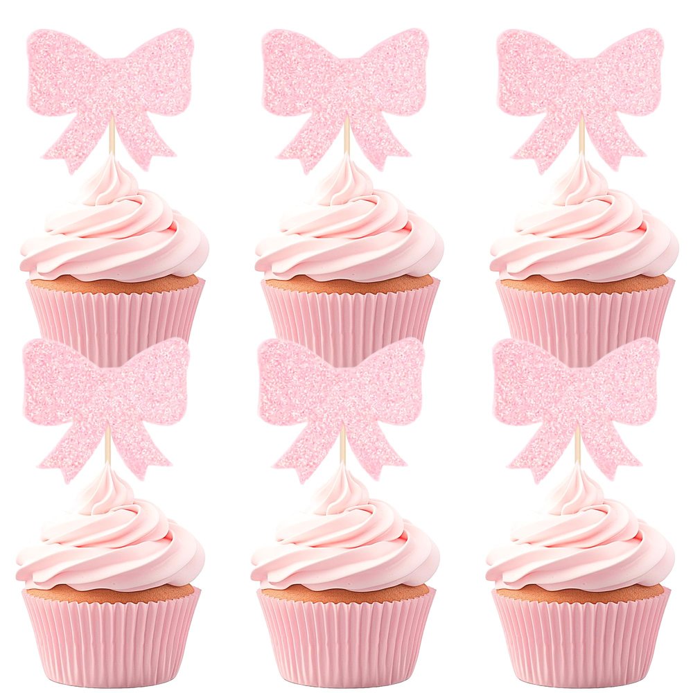 12 PCS Pink Bow Happy Birthday Cupcake Topper Pink Glitter Bow Cupcake Picks for Baby Shower Girls Women's Birthday Party Decoration Supplies