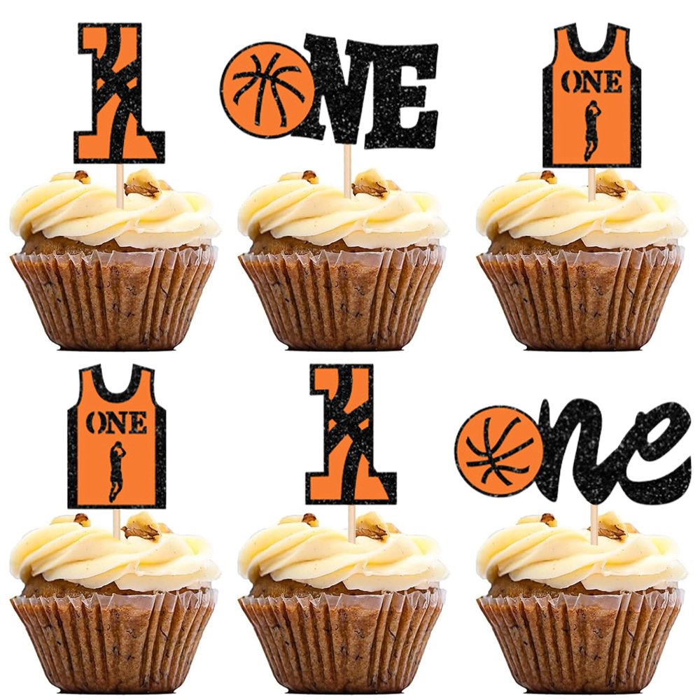 12 PCS Basketball One Cupcake Toppers Glitter Basketball Cake Picks for Baby Shower Sports Theme Birthday Party Cupcake Decorations Supplies