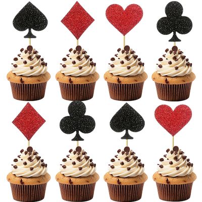 12 PCS Casino Poker Cupcake Toppers Glitter Poker Game Cupcake Picks for Las Vegas Theme Birthday Party Celebration Decorations Supplies