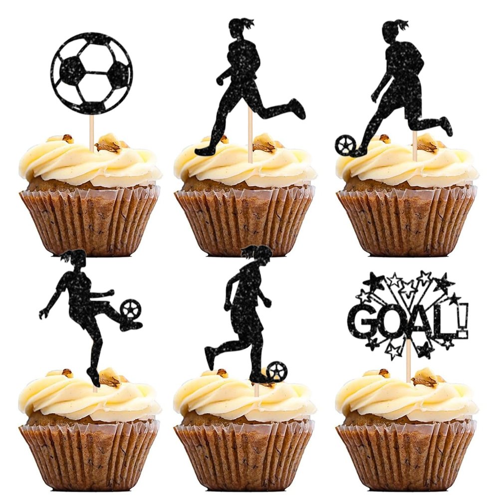 12 PCS Soccer Ball Cupcake Toppers Glitter Women Girl Football Cake Picks for Baby Shower Sports Themed Kids Birthday Party Cupcake Decorations Supplies