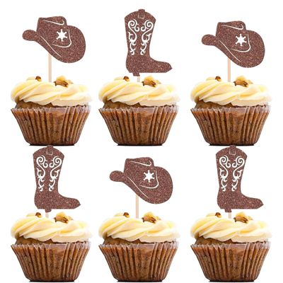 12 PCS Cowboy Cupcake Toppers Brown Glitter Cowboy Hats Boots for Western Cowboy Theme Party Baby Shower Birthday Party Decorations Supplies