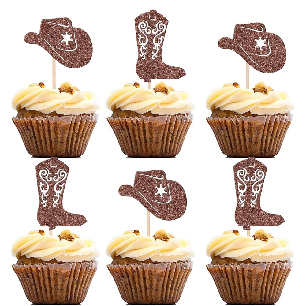 12 PCS Cowboy Cupcake Toppers Brown Glitter Cowboy Hats Boots for Western Cowboy Theme Party Baby Shower Birthday Party Decorations Supplies