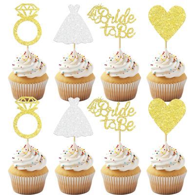 12 PCS Gold Glitter Bride to Be Cupcake Toppers with Wedding Dress, Ring, Love Cupcake Picks for Bridal Shower Wedding Engagement Party Celebration Decoration Supplies