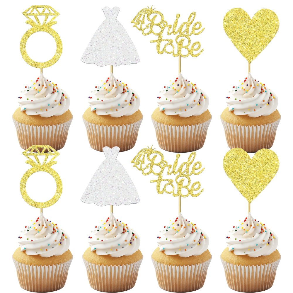 12 PCS Gold Glitter Bride to Be Cupcake Toppers with Wedding Dress, Ring, Love Cupcake Picks for Bridal Shower Wedding Engagement Party Celebration Decoration Supplies