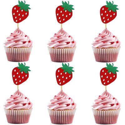 12 Pieces Strawberry Cupcake Topper Glitter Paper Cupcake Decorations for Birthday Party Berry Themed Party Celebration Decoration Supplies