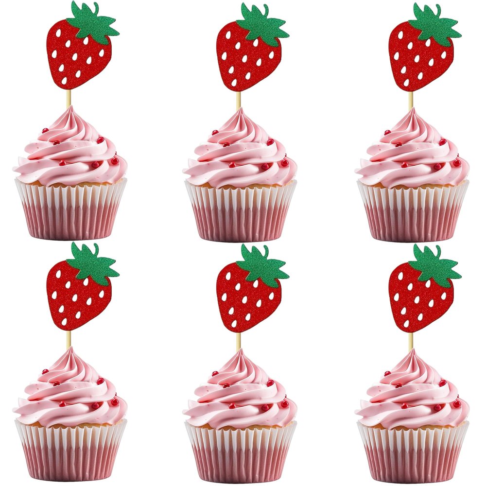 12 Pieces Strawberry Cupcake Topper Glitter Paper Cupcake Decorations for Birthday Party Berry Themed Party Celebration Decoration Supplies