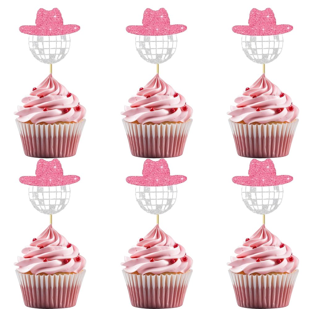 12 PCS Disco Ball Cowgirl Hat Cupcake Toppers Pink Glitter Cowgirl Cupcake Picks for Music Disco Themed Women's Birthday Party Decorations Supplies