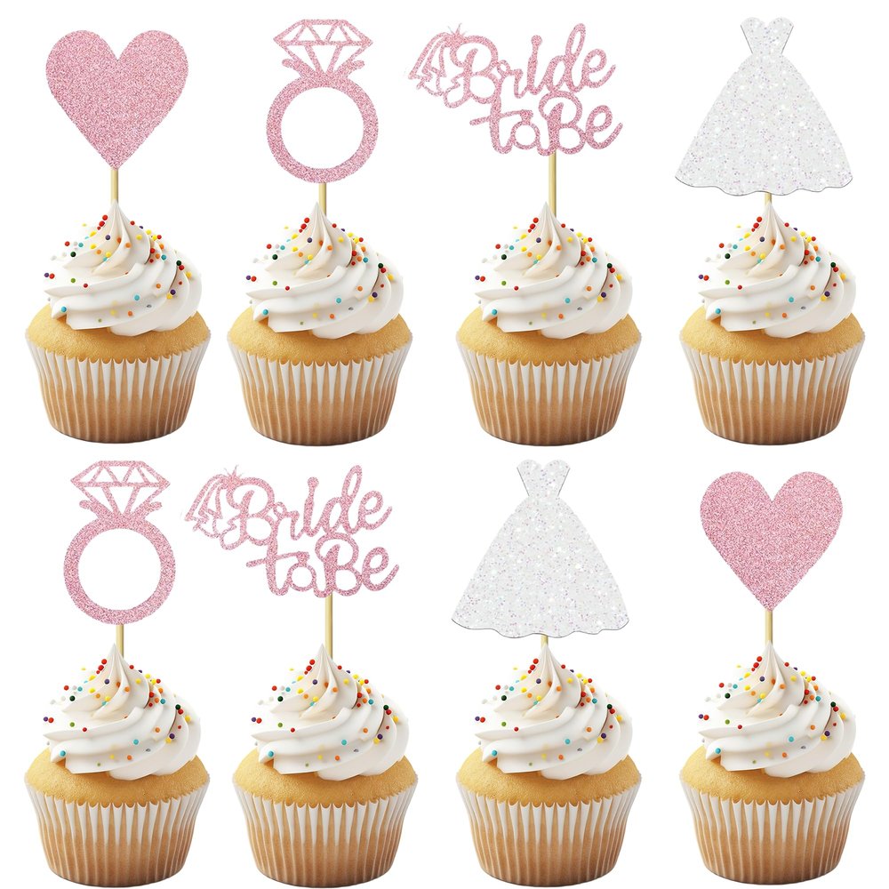 12 PCS Rose Gold Glitter Bride to Be Cupcake Toppers with Wedding Dress, Ring, Love Cupcake Picks for Bridal Shower Wedding Engagement Party Celebration Decoration Supplies