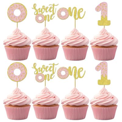 12 PCS Sweet One Donut Cupcake Topper Glitter Pink Gold Double Layer Donuts Cupcake Picks for Dessert Theme Baby Shower Kids 1st Birthday Party Decorations Supplies