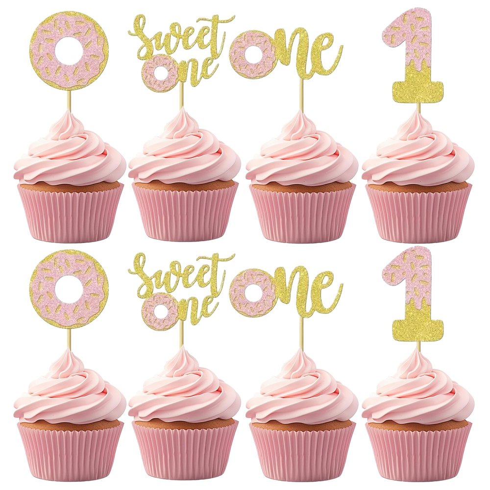 12 PCS Sweet One Donut Cupcake Topper Glitter Pink Gold Double Layer Donuts Cupcake Picks for Dessert Theme Baby Shower Kids 1st Birthday Party Decorations Supplies