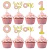 12 PCS Sweet One Donut Cupcake Topper Glitter Pink Gold Double Layer Donuts Cupcake Picks for Dessert Theme Baby Shower Kids 1st Birthday Party Decorations Supplies view 1