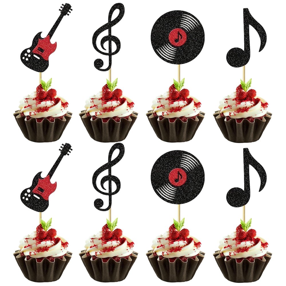 12 PCS Music Notes Cupcake Toppers Glitter Guitar Rock Cupcake Decoration for Music Theme Party Kids Birthday Party Decorations Supplies