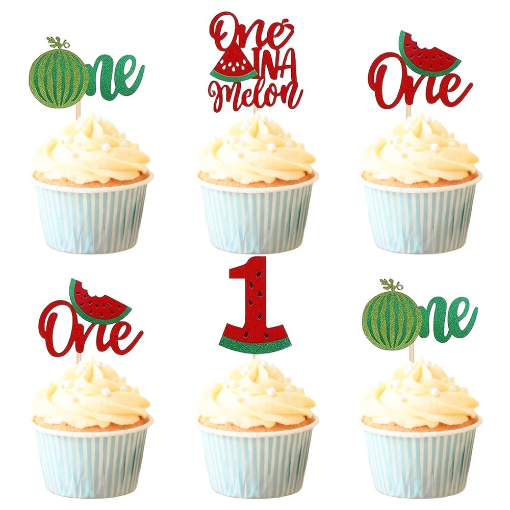 12-Piece Glittery Watermelon "One" Cupcake Toppers - Fruit Theme Cake Picks for 1st Birthday & Summer Party Desserts