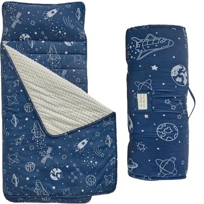 DuShow Toddler Nap Mat with Removable Pillow and Minky Fleece Blanket,Extra Large Rolled Napping Mat,Slumber Bags for Boys,Kids Sleeping Mat for Daycare,Preschool Kindergarten,Navy Blue,Space