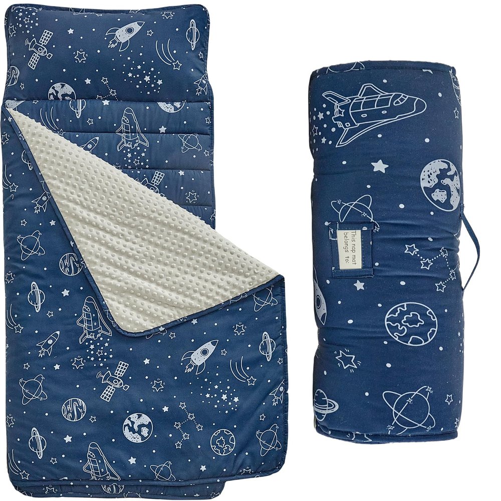 DuShow Toddler Nap Mat with Removable Pillow and Minky Fleece Blanket,Extra Large Rolled Napping Mat,Slumber Bags for Boys,Kids Sleeping Mat for Daycare,Preschool Kindergarten,Navy Blue,Space