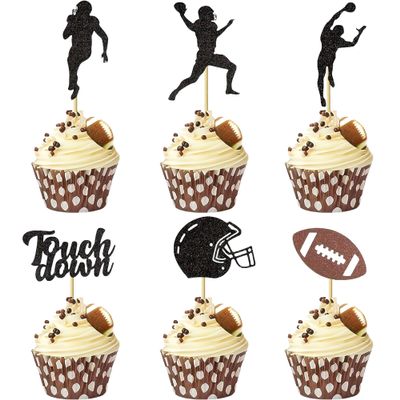 12 PCS Rugby Ball Cupcake Topper Glitter Rugby Ball Players Cupcake Picks for Sports Theme Kids Birthday Party Celebration Decorations Supplies