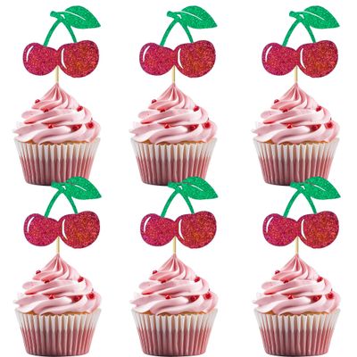 12 PCS Cherry Cupcake Toppers Red Glitter Cherry Cupcake Decoration for Fruit Theme Party Kids Birthday Parties Decorations Supplies