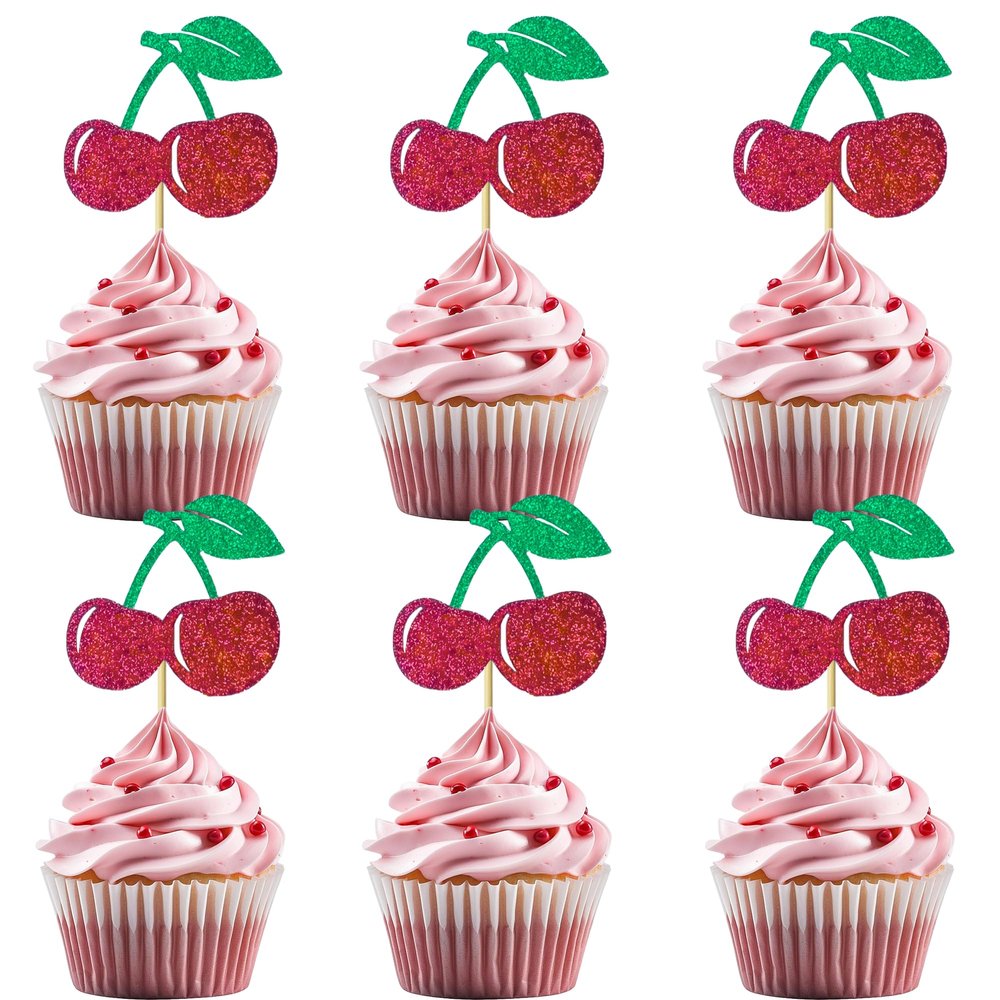 12 PCS Cherry Cupcake Toppers Red Glitter Cherry Cupcake Decoration for Fruit Theme Party Kids Birthday Parties Decorations Supplies