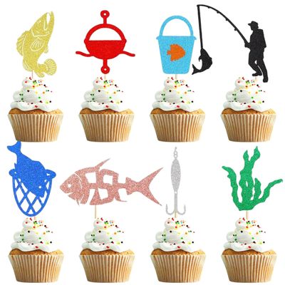 16 PCS Fishing Cupcake Topper Fisherman Theme Cupcake Picks for Birthday Party Decoration Fishermen Go Fishing Theme Party Decorations Supplies