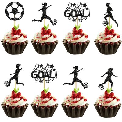 12 PCS Soccer Ball Cupcake Toppers Glitter Women Girl Football Cupcake Picks for Sports Themed Party Kids Birthday Parties Decorations Supplies