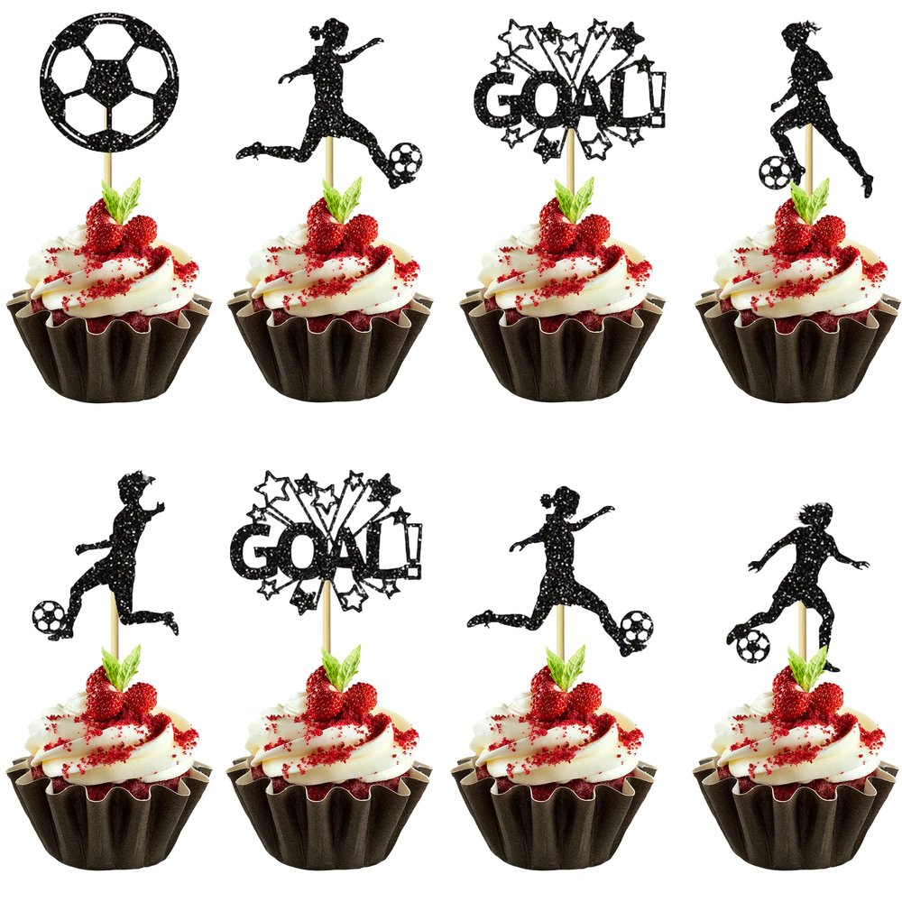 12 PCS Soccer Ball Cupcake Toppers Glitter Women Girl Football Cupcake Picks for Sports Themed Party Kids Birthday Parties Decorations Supplies