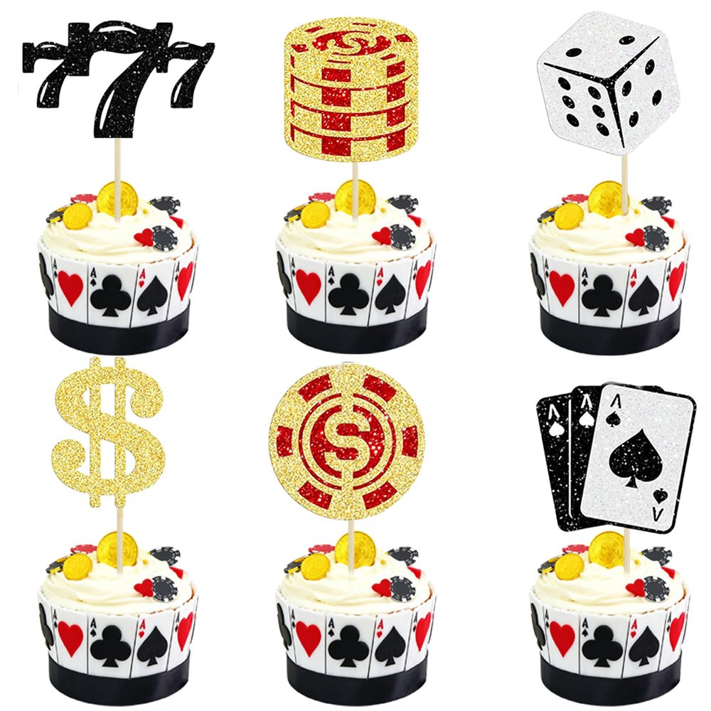 12 PCS Casino Poker Cupcake Toppers Glitter Poker Game Chips Cupcake Picks for Vegas Casino Night Theme Birthday Party Celebration Decorations Supplies