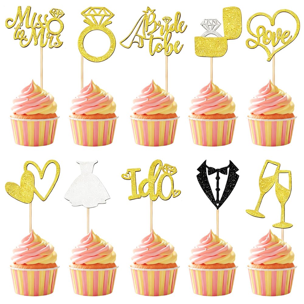 10 PCS Wedding Cupcake Toppers Glitter Groom and Bride Cupcake Picks for Bridal Shower Wedding Engagement Party Celebration Decoration Supplies