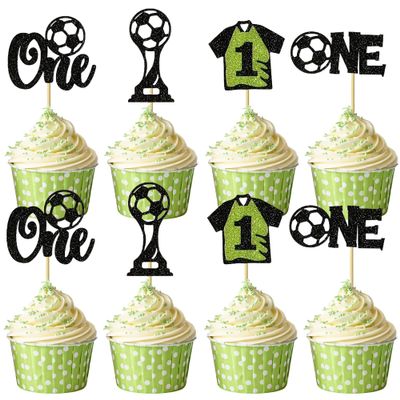 12 PCS One Soccer Ball Cupcake Toppers with Jersey Trophy Shape Cupcake Picks for Sports Themed Baby Shower Kids 1st Birthday Party Decorations Supplies