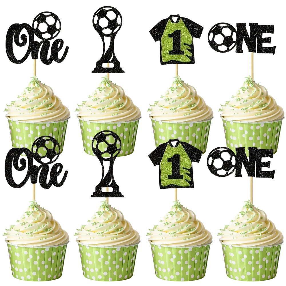 12 PCS One Soccer Ball Cupcake Toppers with Jersey Trophy Shape Cupcake Picks for Sports Themed Baby Shower Kids 1st Birthday Party Decorations Supplies