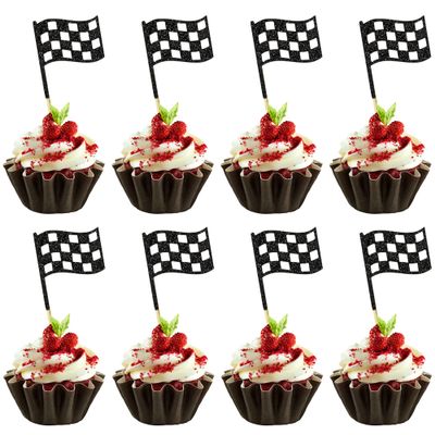 12 PCS Black White Checkered Racing Flag Cupcake Toppers Glitter Cupcake Picks for Racing Car Themed Birthday Party Decorations