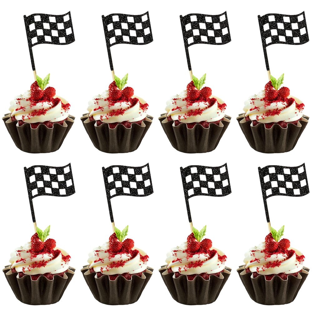12 PCS Black White Checkered Racing Flag Cupcake Toppers Glitter Cupcake Picks for Racing Car Themed Birthday Party Decorations