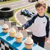 12 PCS Black White Checkered Racing Flag Cupcake Toppers Glitter Cupcake Picks for Racing Car Themed Birthday Party Decorations view 3