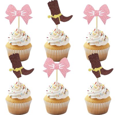 12 PCS Cowboy Cupcake Toppers - Pink Glitter Bow and Brown Cowboy Boots Cupcake Picks for Western Cowboy Theme Party Baby Shower Birthday Party Decorations Supplies
