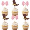 12 PCS Cowboy Cupcake Toppers - Pink Glitter Bow and Brown Cowboy Boots Cupcake Picks for Western Cowboy Theme Party Baby Shower Birthday Party Decorations Supplies view 1