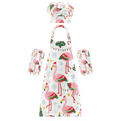 Kids Cooking Apron Functional Merry Christmas Pink Flamingos Kids Apron Chef Hat Set for Children Gifts 3-12 Years Old