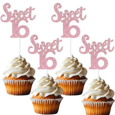 12 Pcs Pink Glitter Sweet 16 Cupcake Topper Number 16 Cupcake Toppers Cheer to 16 Cupcake Decoration 16th Cake Decor for Kids Wedding Anniversary Party Decorations