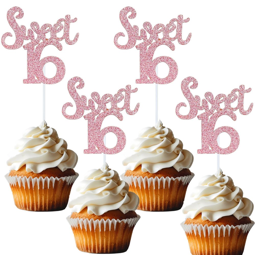 12 Pcs Pink Glitter Sweet 16 Cupcake Topper Number 16 Cupcake Toppers Cheer to 16 Cupcake Decoration 16th Cake Decor for Kids Wedding Anniversary Party Decorations