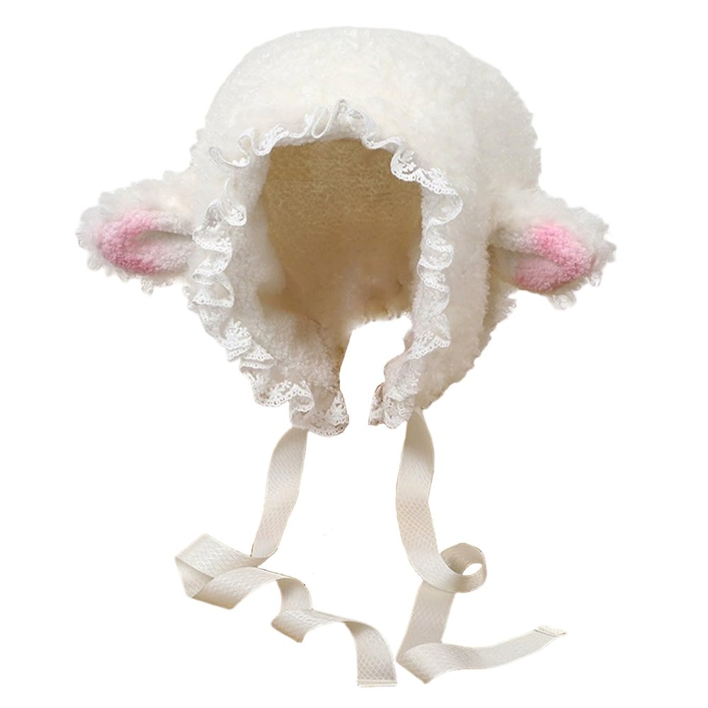 AZIDWERYQ Lamb Hat for Girls, Cute Cartoon Sheep Hat with Strap Y2k Beanie Winter Headwear Cosplay Photo Props Party Supplies