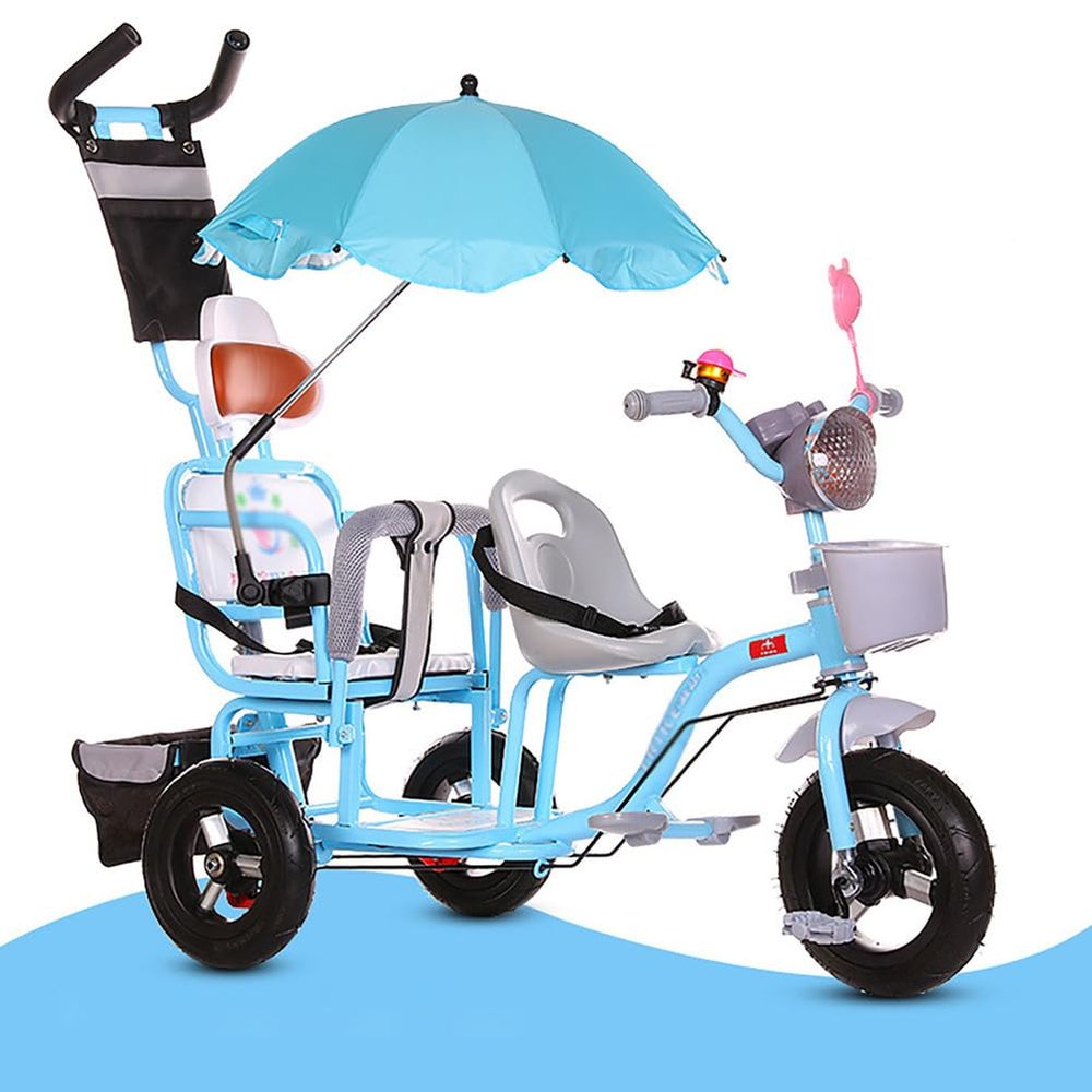 Blue,Style 1,Children Tricycle Double Twin Stroller Two-Seater Bicycle Baby Big Cart Perfect for Family Outings & Walks,Rugged Steel Frame & Adjustable Features
