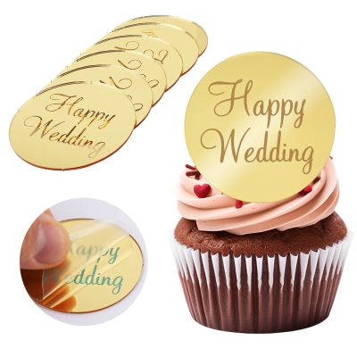 20Pcs Gold Acrylic Wedding Cupcake Toppers Mirror Happy Wedding Cake Toppers for Engagement Party Cake Decorations Round Tags Reusable Acrylic Decorations Flower Decor for Cakes Gift Boxes DIY Crafts