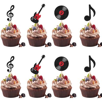 12 PCS Music Cupcake Topper Music Notes Cupcake Toppers Black Glitter Musical Symbol Cupcake Decoration CD Cupcake Decor for Rock Roll Theme Baby Shower Kids Birthday Party Cake Decorations Supplies