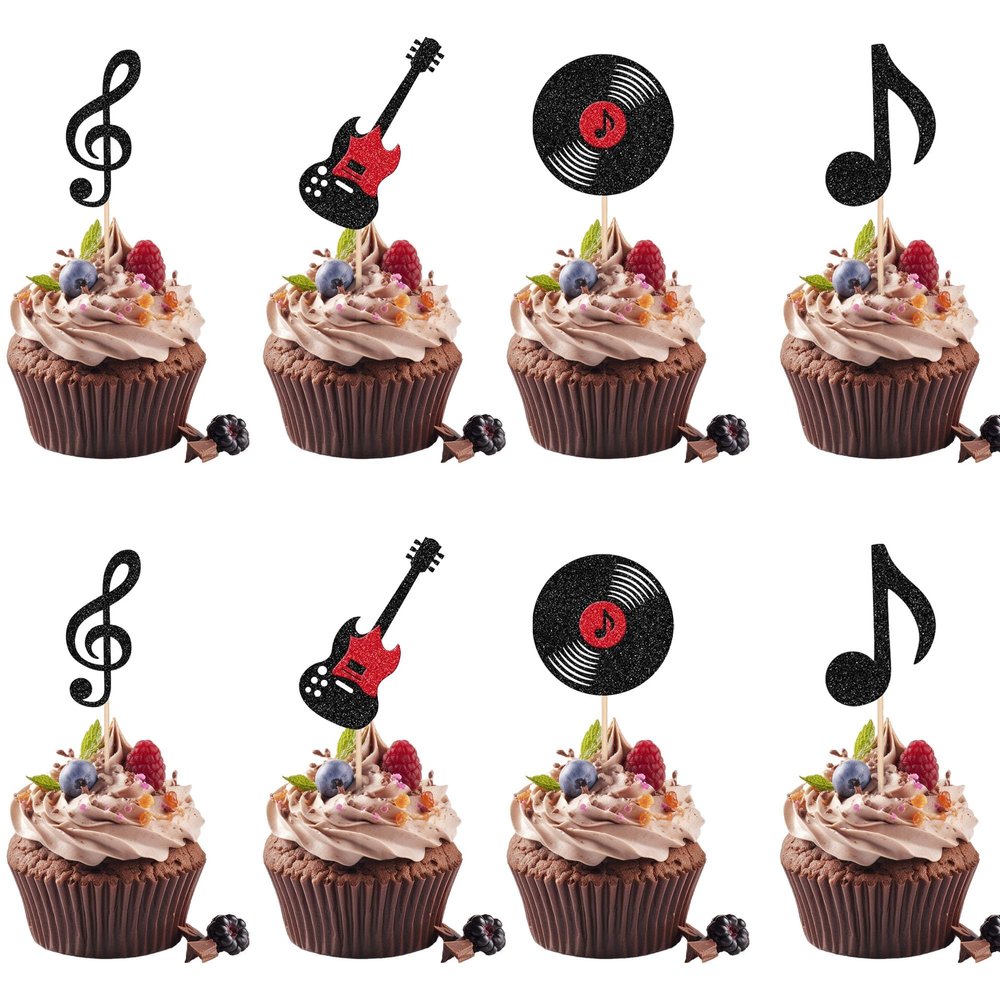 12 PCS Music Cupcake Topper Music Notes Cupcake Toppers Black Glitter Musical Symbol Cupcake Decoration CD Cupcake Decor for Rock Roll Theme Baby Shower Kids Birthday Party Cake Decorations Supplies