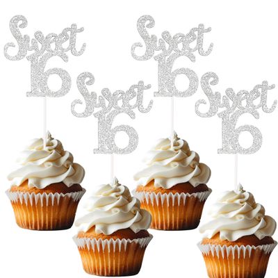 12 Pcs Silver Glitter Sweet 16 Cupcake Topper Number 16 Cupcake Toppers Sixteen Cupcake Decoration Cheer to 16 Cupcake Toppers 16th Cake Decor for Kids Wedding Anniversary Party Decorations