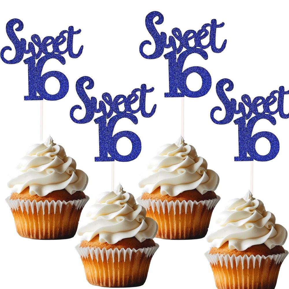 12 Pcs Blue Glitter Sweet 16 Cupcake Topper Number 16 Cupcake Toppers 16th Birthday Cupcake Decoration 16th Cake Decor for Kids Wedding Anniversary Party Decorations
