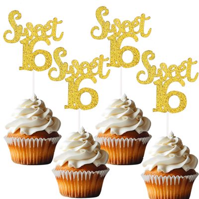 12 Pcs Gold Glitter Sweet 16 Cupcake Topper Number 16 Cupcake Toppers Sixteen Years Old Cupcake Decor for Kids Wedding Anniversary Party Decorations
