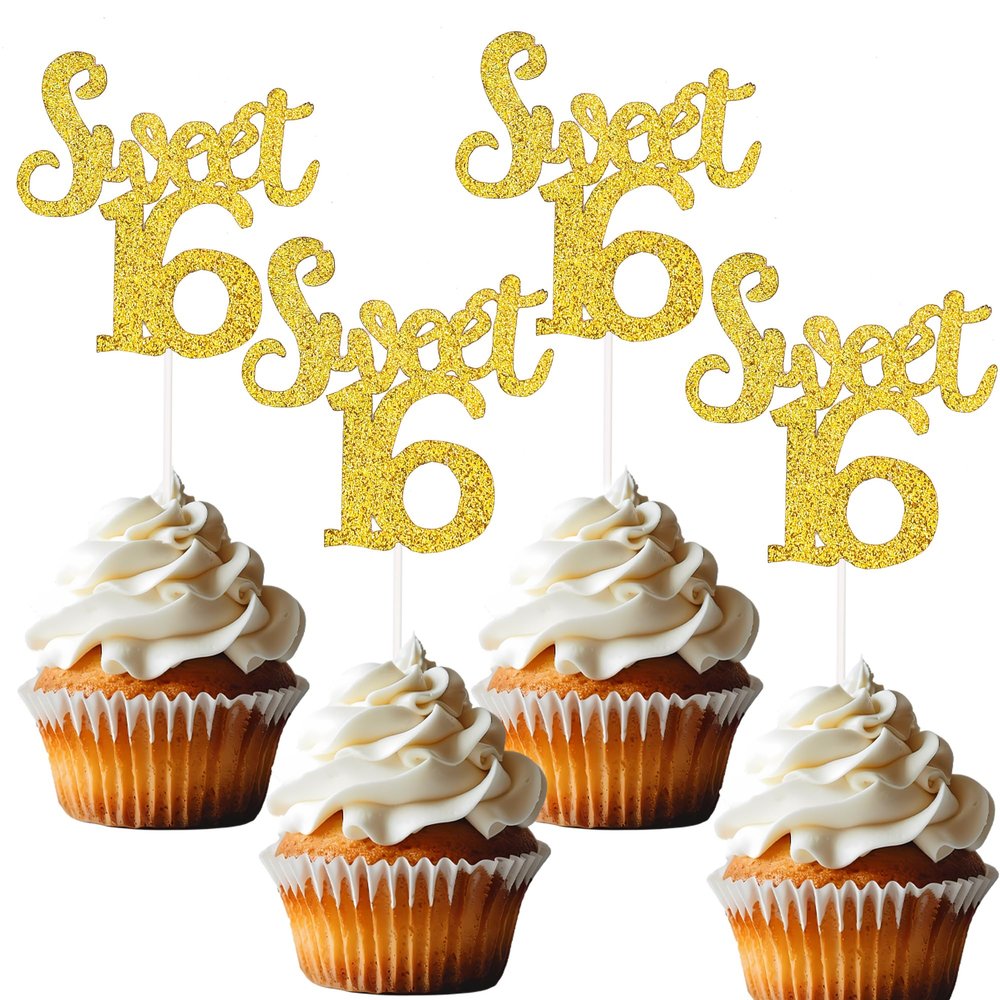 12 Pcs Gold Glitter Sweet 16 Cupcake Topper Number 16 Cupcake Toppers Sixteen Years Old Cupcake Decor for Kids Wedding Anniversary Party Decorations